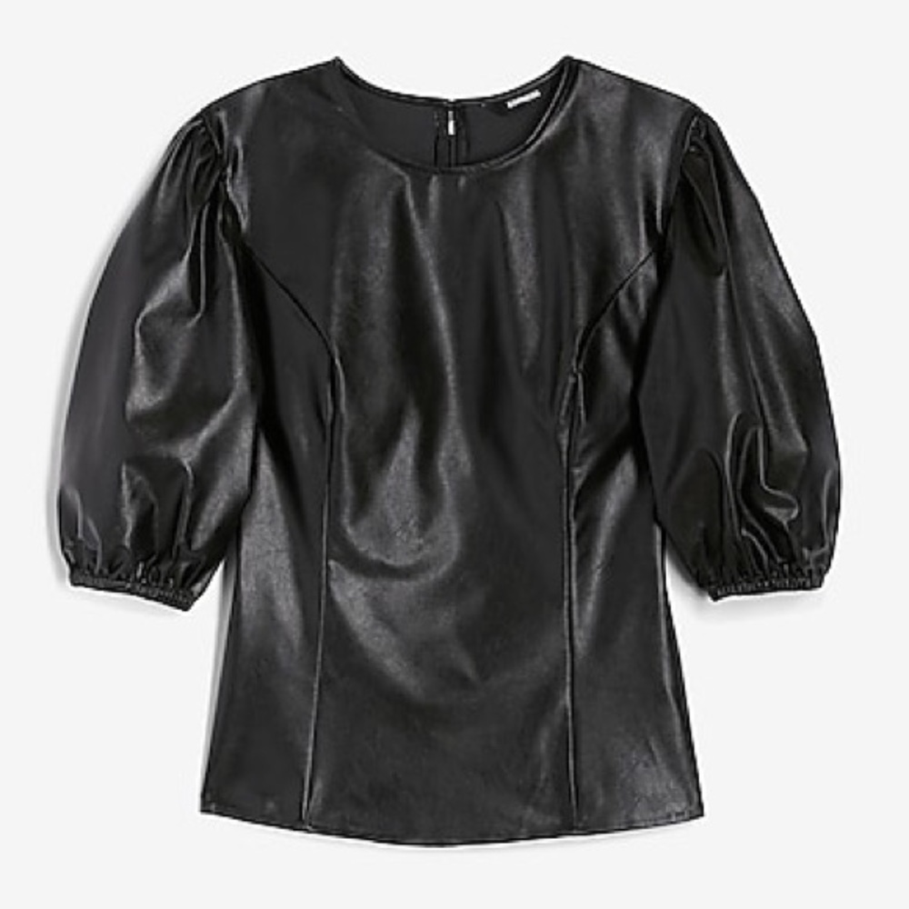 Express Faux Leather Short Puff Sleeve Top Black Edgy Vegan Zip Back Size XS